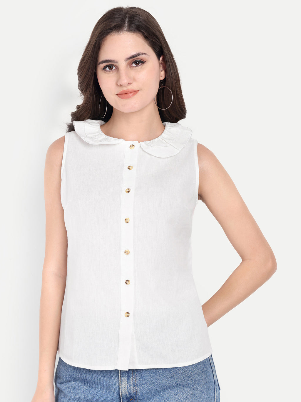 White Cotton Round-Neck Top